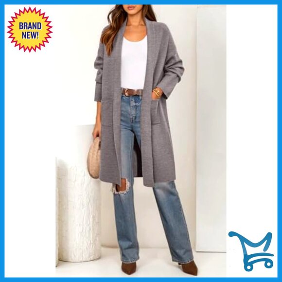 Oversized Long Sleeve Cardigan Sweater Open Front Shawl Neck Patch Pockets - Picture 3 of 7
